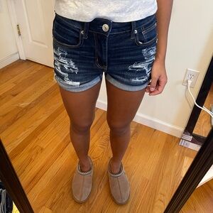 American Eagle Denim Jean Shorts Size 2 Navy Blue Distressed